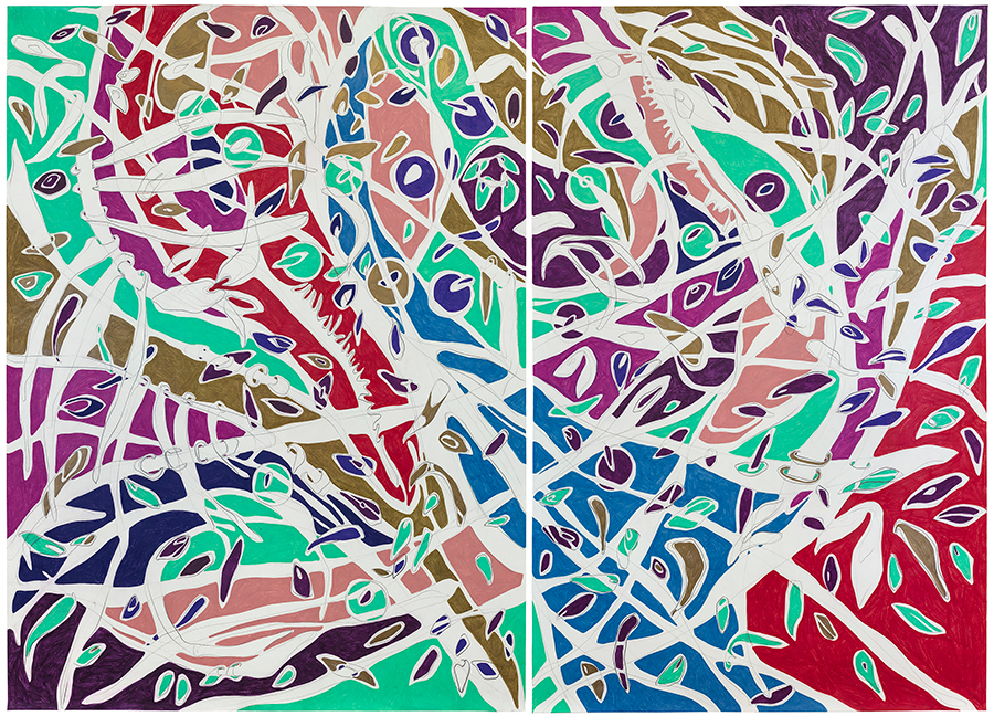 Verde, esmeraldas, 2018 Grafite e lápis de cor sobre papel 143 x 200 cm (díptico)