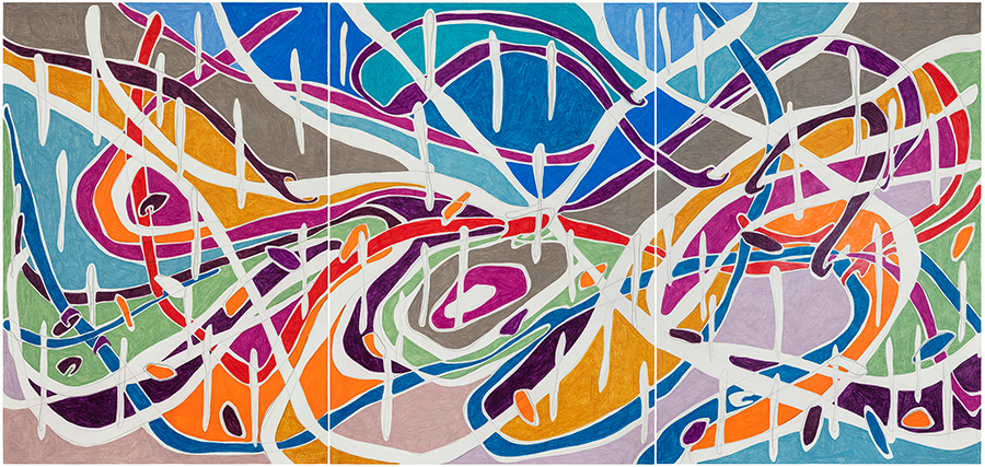 Marcia de Moraes É água ou é céu?, 2021 Grafite e lápis de cor sobre papel 100 x 210 cm (Tríptico)